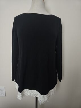 White House Black Market Black Long-Sleeve Top with White Lace Back Size L